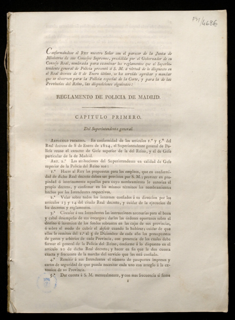Miniatura de Conformándose el Rey nuestro Señor con el parecer de la Junta de Ministros de sus Consejos Supremos, presidida por el Gobernador de su Consejo Real, nombrada para examinar los reglamentos que el Superintendente general de Policía presentó á S.M. á virtud