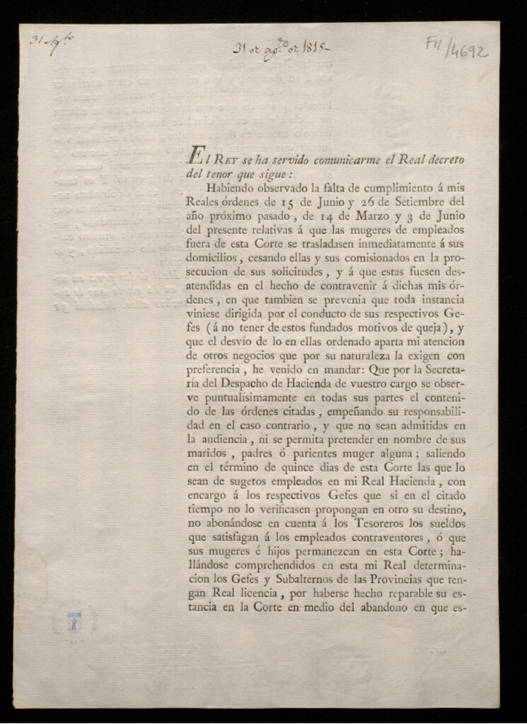 Miniatura de El Rey se ha servido comunicarme el Real decreto ... Habiendo observado la falta de cumplimiento á mis Reales órdenes de 15 de junio y 26 de setiembre del año próximo pasado , de 14 de marzo y 3 de junio del presente relativas á que las mugeres (sic) de e