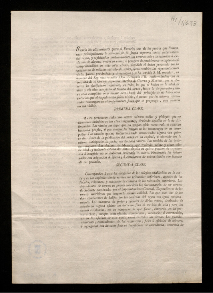 Miniatura de Siendo los alistamientos para el Exercito uno de los puntos que llaman principalmente la atención de la Junta suprema central gubernativa del reyno, y repitiéndose continuamente los recursos sobre la inclusión o exclusión de algunos mozos en ellos ...