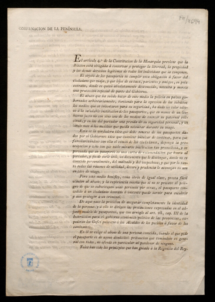 Miniatura de El artículo 4º de la Constitución de la Monarquía previene que la Nación está obligada á conservar y proteger la libertad, la propiedad y los demás derechos legítimos ... El objeto de los pasapotes ...