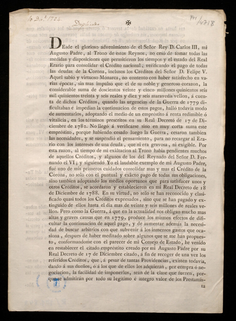 Miniatura de Desde el glorioso advenimiento de el Señor Rey D. Carlos III, mi Augusto Padre, al Trono de estos Reynos, no cesó de tomar todas las medidas ... 