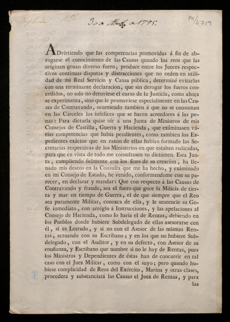 Miniatura de Advirtiendo que las competencias promovidas á fin de abrogarse el conocimiento de las Causas quando los reos que las originan gozan diverso fuero, produce entre los Jueces respectivos continuas disputas ... determiné evitarlas ...