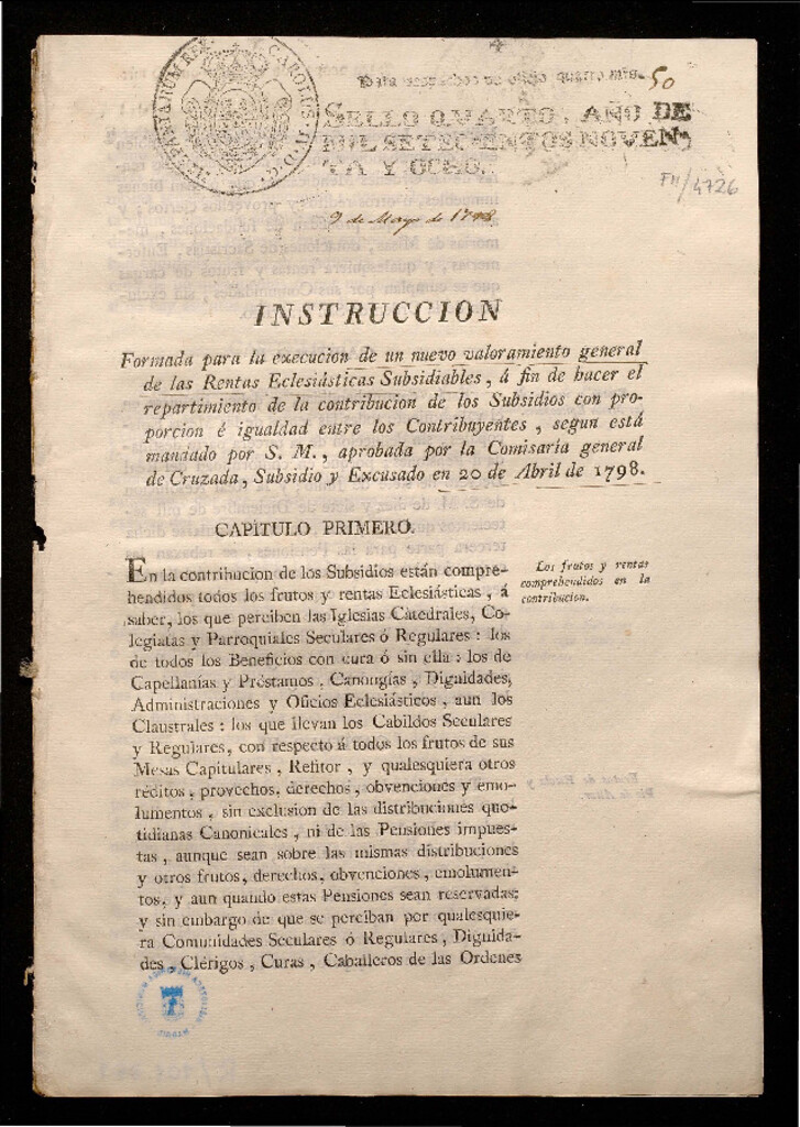 Miniatura de Instrucción formada para la execución de un nuevo valoramiento general de las Rentas Eclesiásticas Subsidiables, á fin de hacer el repartimiento de la contribución de los Subsidios con proporcion é igualdad entre los Contribuyentes, segun está mandado por