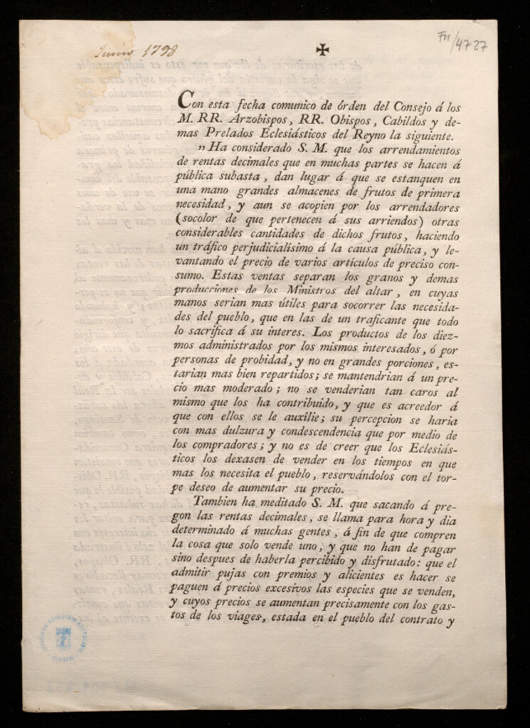 Miniatura de Con esta fecha comunico de órden del Consejo a los M.RRR. Arzobispos ... la siguiente. Ha considerado S.M. que los arrendamientos de rentas decimales que ... se hacen á pública subasta, dan lugar á que se estanquen en una mano grandes almacenes de frutos