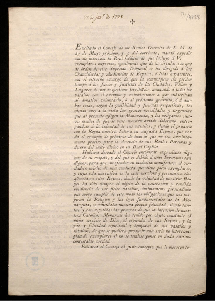 Miniatura de Excitado el Consejo de los Reales Decretos de S.M. de 27 de Mayo próximo, y 5 del corriente ... se ha dirigido á las Cnhancillerías y Audiencias de España, e Islas adyacentes, con el estrecho encargo de que la comuniquen sin perder tiempo á los Jueces y J