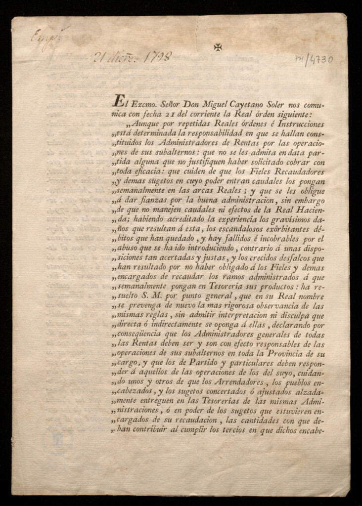 Miniatura de El Excmo. Señor Don Miguel Cayetano Soler nos comunica con fecha 21 del corriente la Real órden siguiente: Aunque por repetidas Reales órdenes é Instrucciones está determinada la responsabilidad en que se hallan constituidos los Administradores de Rentas