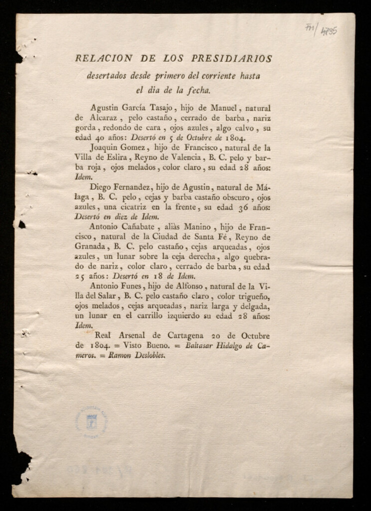 Miniatura de Relación de los presidiarios desertados desde primero del corriente hasta el dia de la fecha