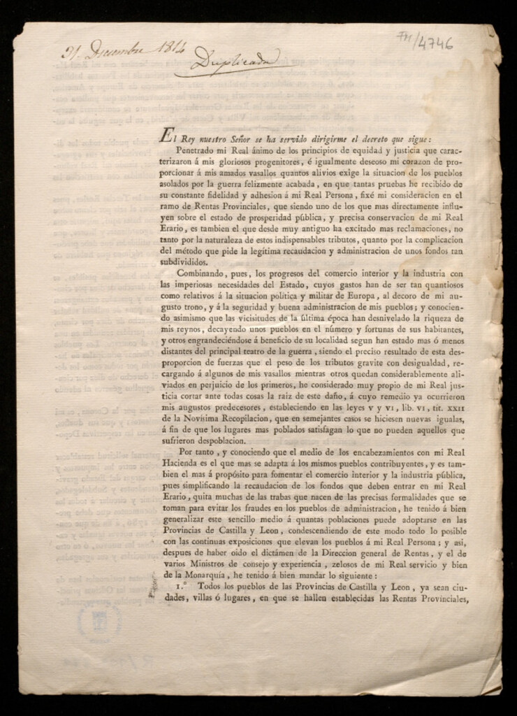 Miniatura de El Rey nuestro Señor se ha servido dirigirme el decreto ... Penetrado mi real ánimo de los principios de equidad y justicia que caracterizaron á mis gloriosos progenitores ..