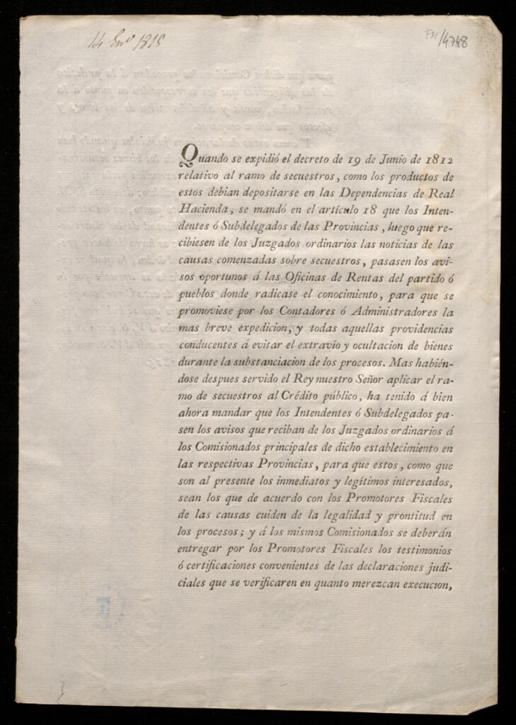 Miniatura de Quando se expidió el decreto de 19 de Junio de 1812 relativo al ramo de secuestros, como los productos de estos debian depositarse en las Dependencias de Real Hacienda, se mandó en el artículo 18 que los Intendentes ó Subdelegados de las Provinciaa ... pa
