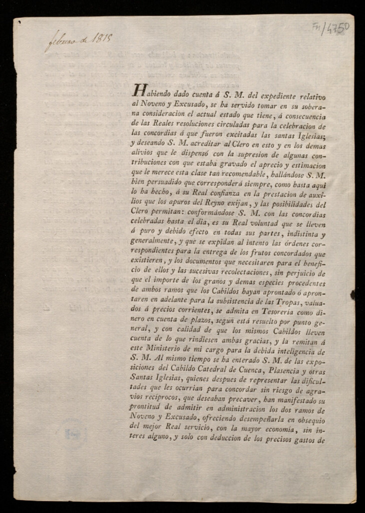 Miniatura de Habiendo dado cuenta á S.M. del expediente relativo al Noveno y Excusado, se ha servido tomar en su soberana consideracion el actual estado que tiene, á consecuencia de las Reales resoluciones circuladas para la celebracion de las concordias á que fueron