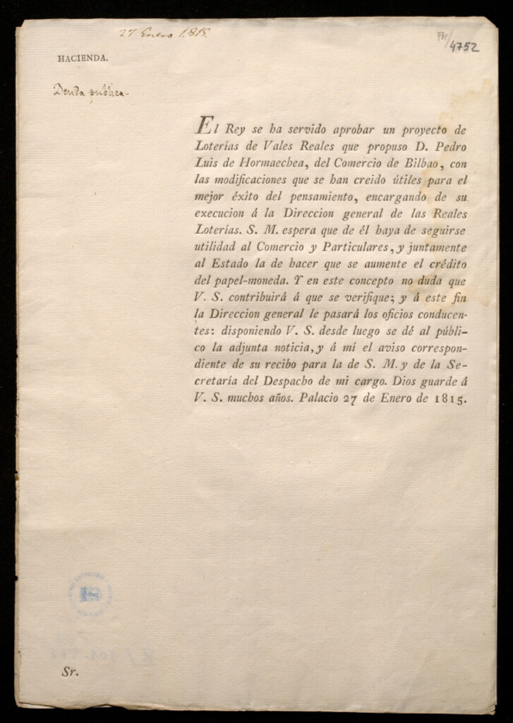 Miniatura de Noticia al público : El constante anhelo de S.M. por facilitar al Comercio los auxiliosde que sea susceptible el estado actual de la Monarquía ... ha dirigido su Real ánimo á adoptar un proyecto de D. Pedro Luis Hormaechea, del Comercio de Bilbao ... De l