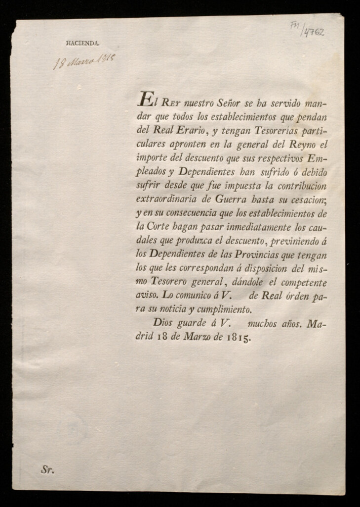 Miniatura de El rey nuestro señor se ha servido mandar que todos los establecimientos que pendan del Real Erario, y tengan Tesorerías particulares apronten en la general del Reyno el importe del descuento que sus respectivos Empleados y Dependientes han sufrido ó debi