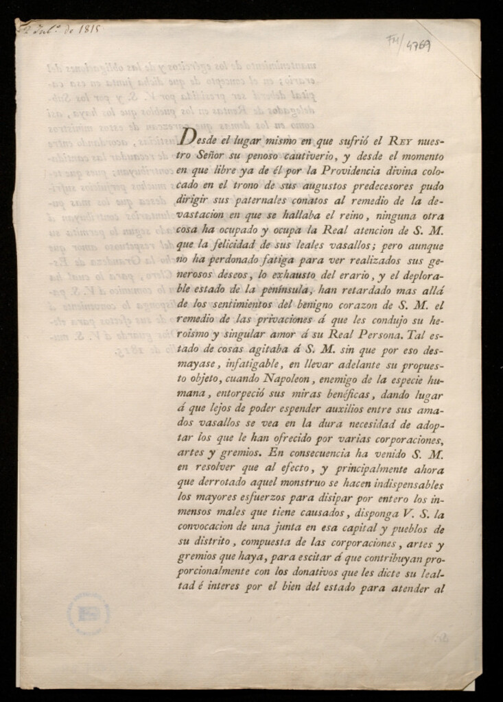 Miniatura de Desde el lugar mismo en que sufrió el Rey ... su penoso cautiverio, y desde el momento en que libre ya de él ... pudo dirigir sus paternales conatos al remedio de la devastacion en que se hallaba el reino ... ha venido S.M. en resolver ... disponga V.S. l