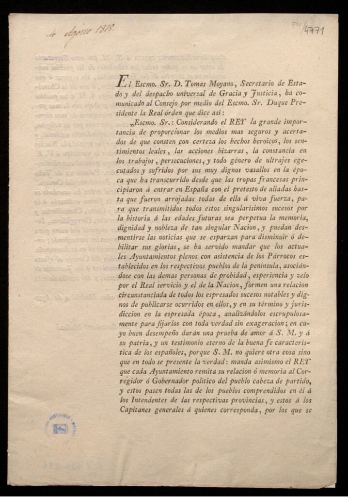 Miniatura de El Escmo. Sr. D. Tomas Moyano, Secretario de Estado y del despacho universal de Gracia y Justicia, ha comunicado al Consejo por medio del Escmo. Sr. Duque Presidente la Real órden que dice asi ... Considerando el REY la grande importancia de proporcionar