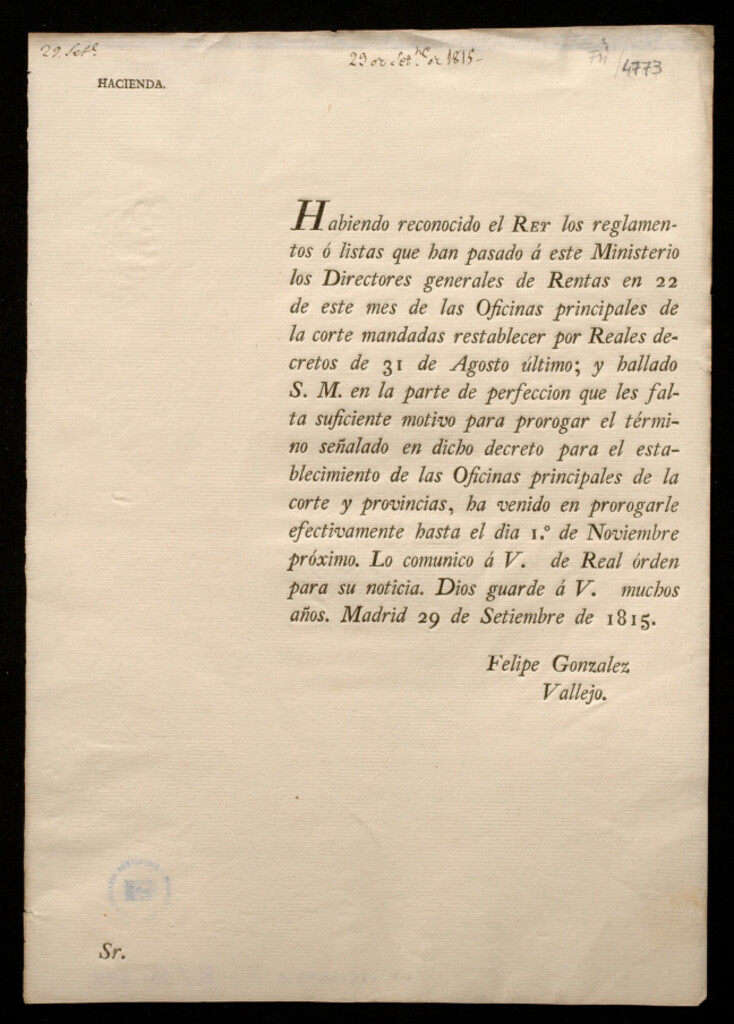Miniatura de Habiendo reconocido el Rey los reglamentos ó listas que han pasado á este Ministerio los Directores generales de Rentas ... de las Oficinas principales de la corte mandadas restablecer ..