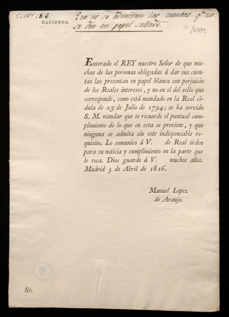 Miniatura de Enterado el Rey nuestro Señor de que muchas de las personas obligadas á dar sus cuentas las presentan en pael blanco ... y no en el del sello que corresponde, como está mandado en la Real Cédula de 2 de Julio de 1794 ...