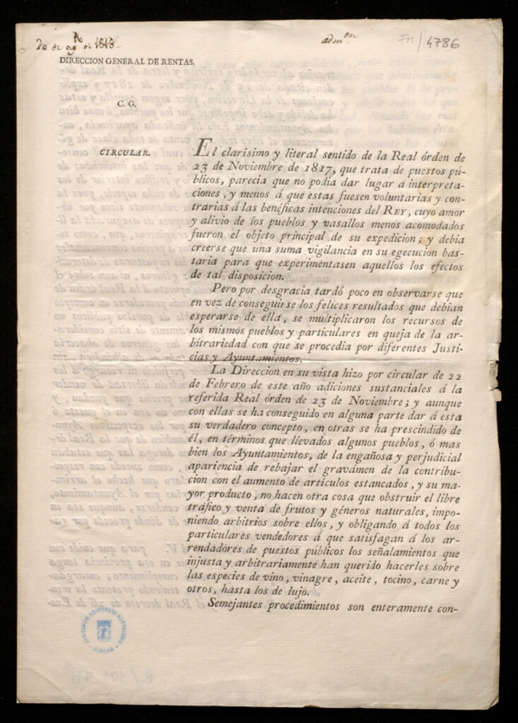 Miniatura de El clarísimo y literal sentido de la Real órden de 23 de Noviembre de 1817, que trata de puestos públicos, parecia que no podia dar lugar á interpretaciones, y menos á que estas fuesen voluntarias y contrarias á las benéficas intenciones del Rey ... Pero