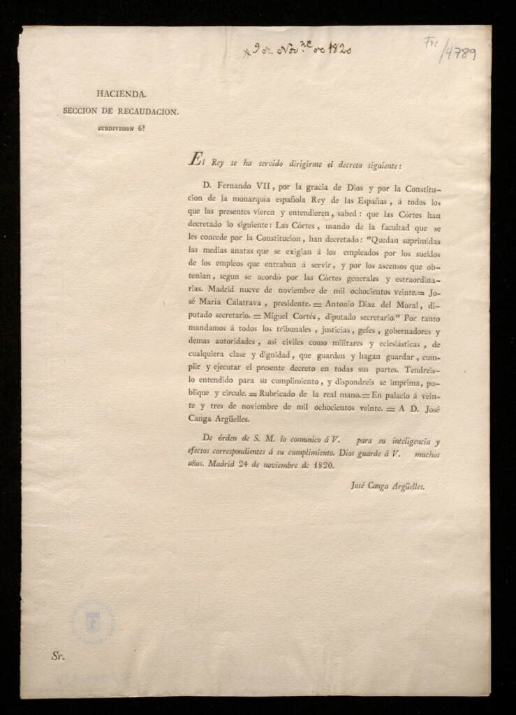 Miniatura de El Rey se ha servido dirigirme el decreto siguiente, D. Fernando VII ... sabed ... Las Córtes ... han decretado, Quedan suprimidas las medias anatas que se exigian á los empleados por los sueldos de los empleos que entraban á servir, y por los ascensos qu