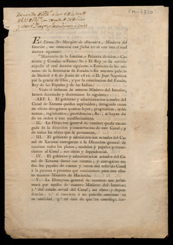Miniatura de El Exmo. Sr. Marqués de Almenara, Ministro del Interior, me comunica con fecha 10 de este mes el real decreto siguiente : Ministerio de lo Interior. Primera división. Caminos y canales...