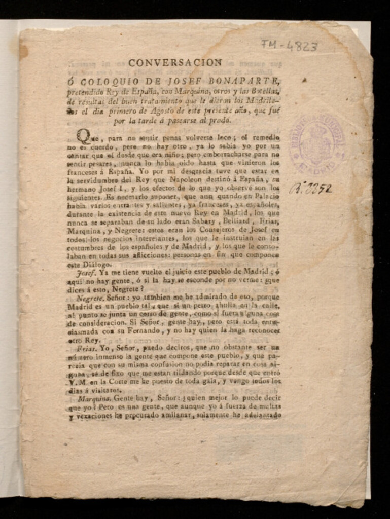 Miniatura de Conversación ó Coloquio de Josef Bonaparte, pretendido Rey de España, con Marquina, otros y las Botellas, de resultas del buen tratamiento que le dieron los Madrileños el dia primero de Agosto de este presente año, que fue por la tarde á pasearse al prado