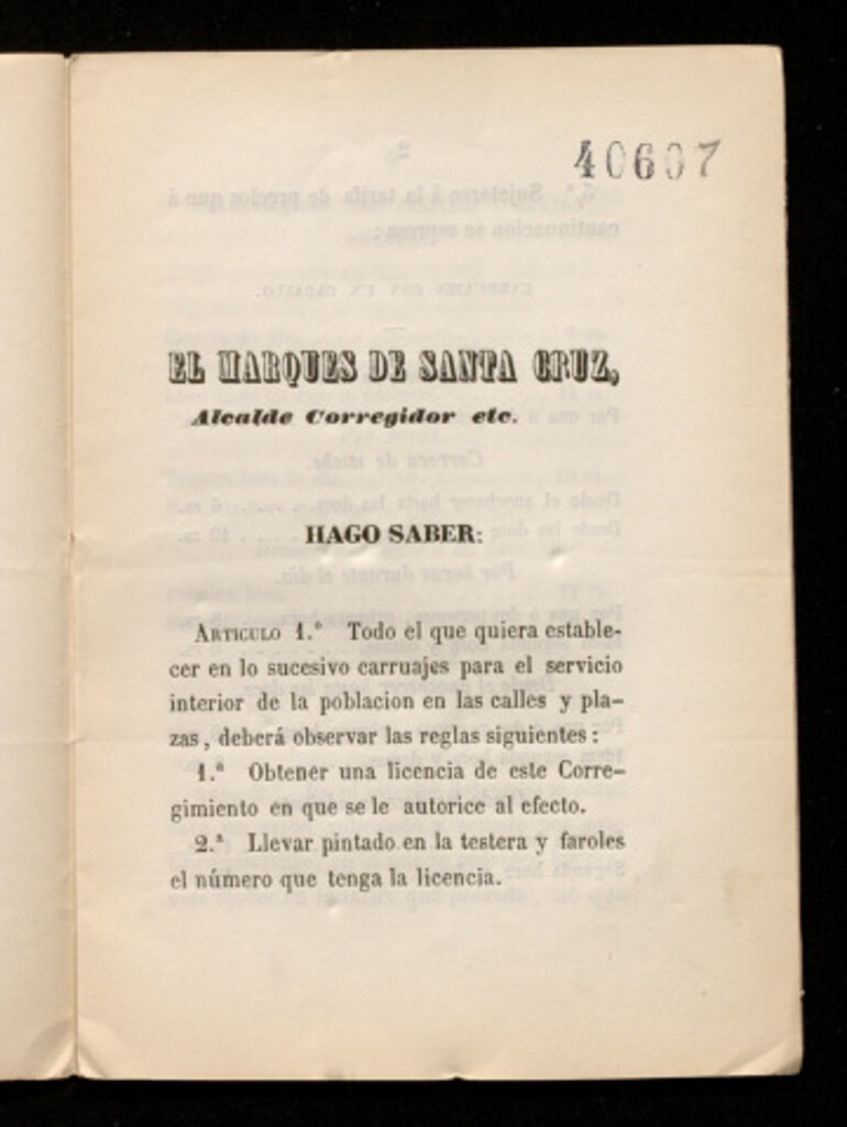 Miniatura de [Bando del Marqués de Santa Cruz, Alcalde de Madrid, de 1º de marzo de 1849, sobre el servicio de carruajes para el servicio interior de la población y Adiciones de 16 de setiembre de 1849]