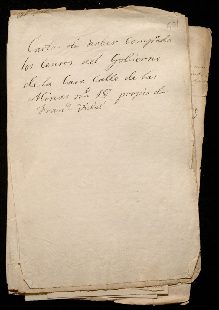 Miniatura de Carta de haber cumplido los censos del Gobierno de la Casa Calle de las Minas nº 18  : propio de Fran[cis]co Vidal