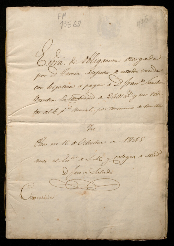 Miniatura de Essra.[escritura] de obligación otorgada por D. Teresa Mejuto de estado viuda con hipoteca a pagar a D. Fran[cis]co Sánchez Urrutia :