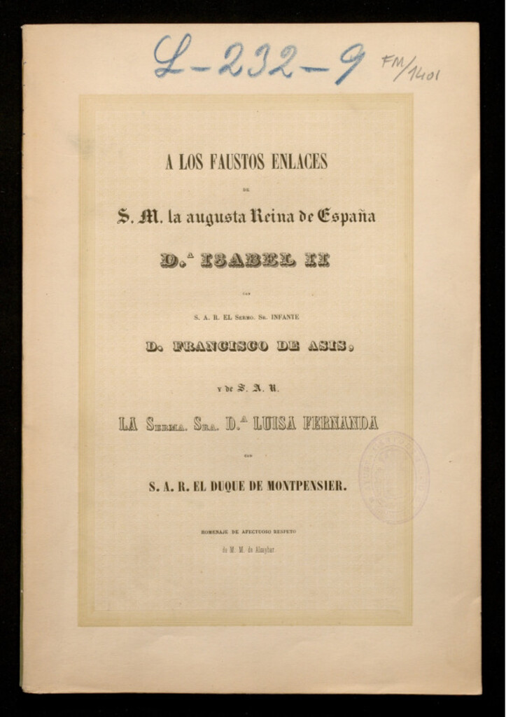 Miniatura de A los faustos enlaces de... Dª Isabel II con... D. Francisco de Asís, y de... Dª Luisa Fernanda con... el duque de Montpensier...