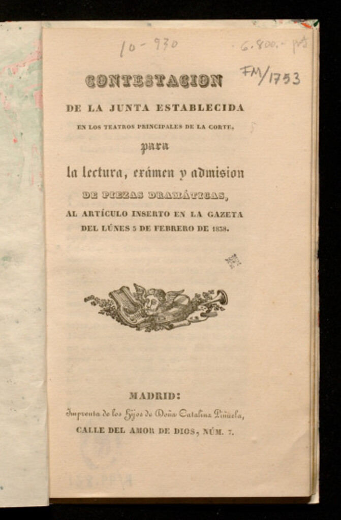 Miniatura de Contestación de la Junta establecida en los teatros principales de la Corte, para la lectura, examen y admisión de piezas dramáticas, al artículo inserto en la Gaceta del lunes 5 de febrero de 1838
