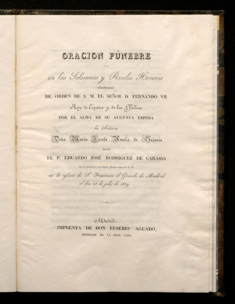 Miniatura de Oración fúnebre que en las solemnes y reales honras celebradas de orden de S.M. el señor D. Fernando VII,
