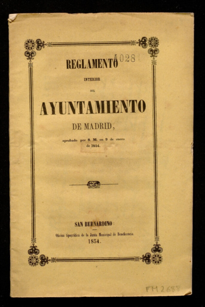 Miniatura de Reglamento interior del Ayuntamiento de Madrid, aprobado por S.M. en real orden de 9 de enero de 1854