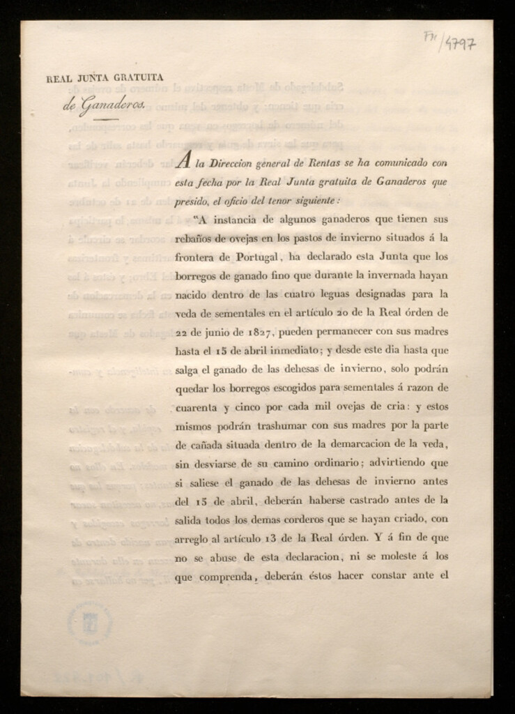 Miniatura de A la Direccion general de Rentas se ha comunicado con esta fecha por la Real Junta gratuita de Ganaderos que presido, el oficio ... A instancia de algunos ganaderos