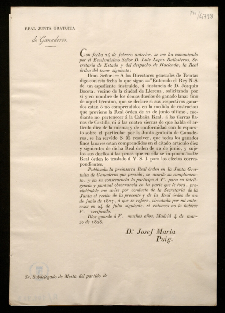 Miniatura de Con fecha 24 de febrero anterior, se me ha comunicado por ... Luis Lopez Ballesteros ... la Real órden ... A los Directores generales de Rentas digo ...