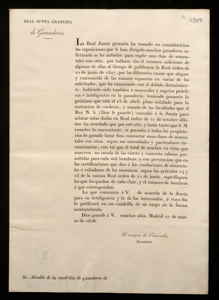 Miniatura de La Real Junta gratuita ha tomado en consideracion las esposiciones que le han dirigido muchos ganaderos, solicitando se les autorice para suplir una clase de sementales con otra