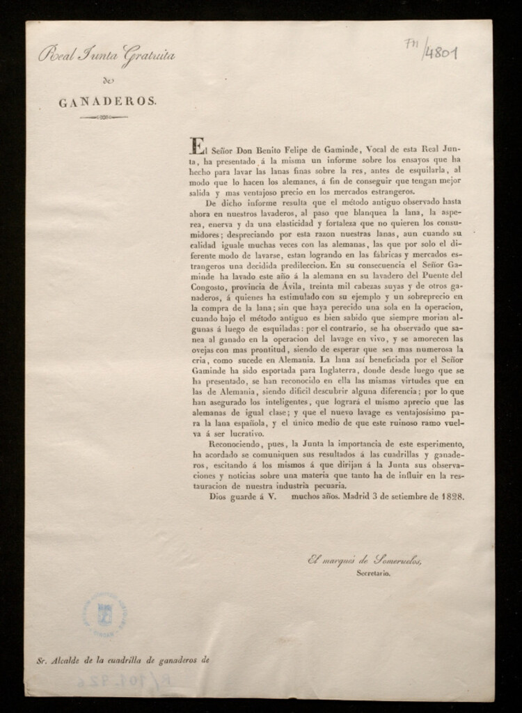 Miniatura de El señor Don Benito Felipe de Gaminde, Vocal de esta Real Junta, ha presentado á la misma un informe sobre los ensayos que ha hecho para lavar las lanas finas sobre la res,