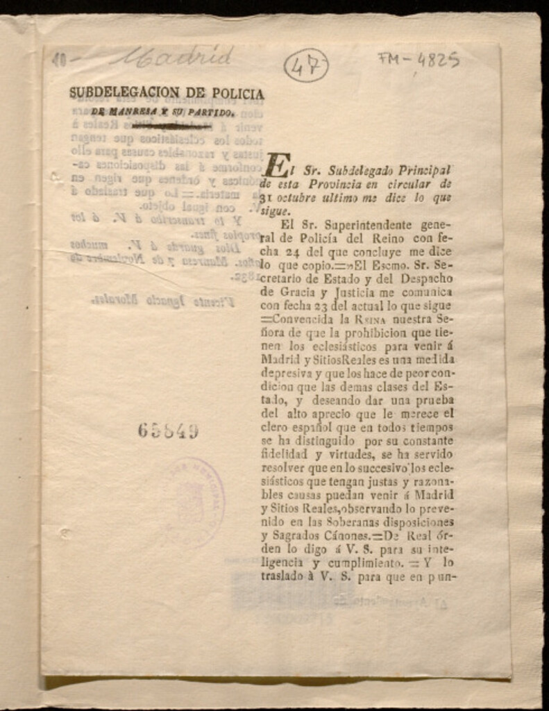 Miniatura de El Sr. Subdelegado Principal de esta Provincia en circular de 31 de octubre ... Convencida la reina ... de que la prohibicion que tienen los eclesiásticos de venirá Madrid y Sitios Reales es una medida depresiva 