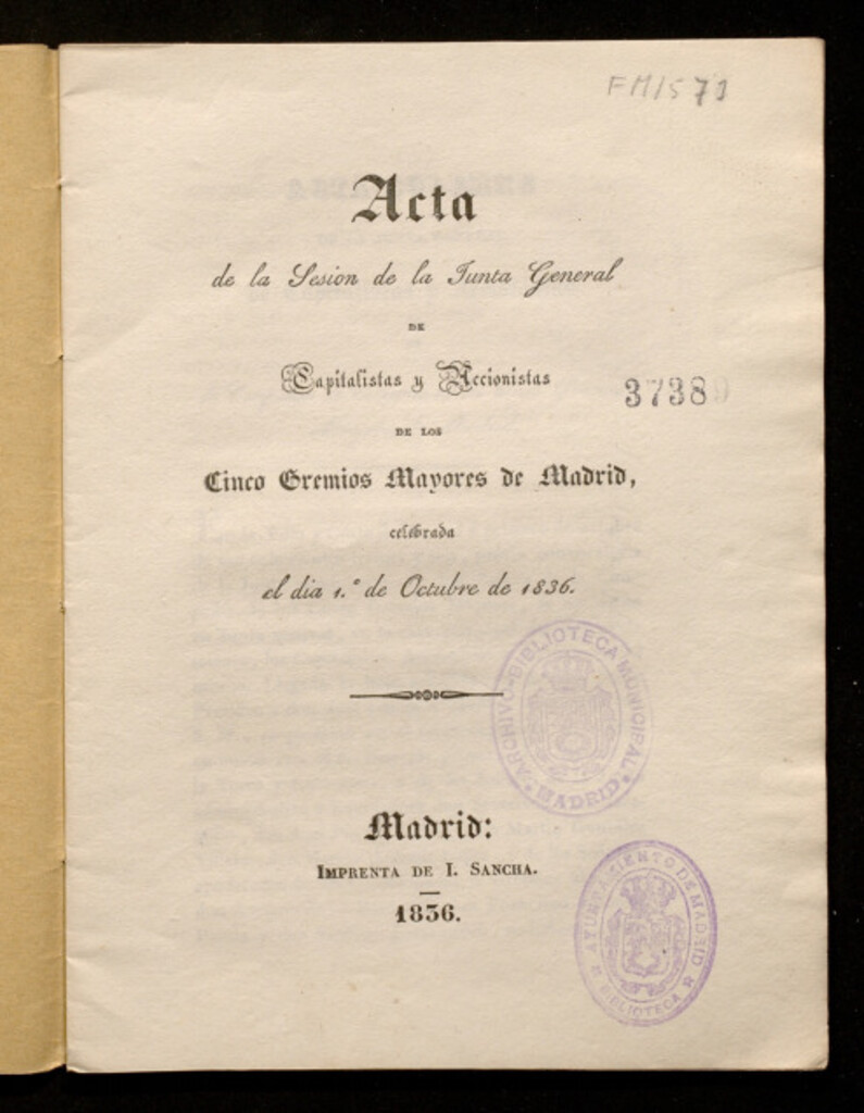 Miniatura de Acta de la sesión de la junta general de capitalistas y accionistas de los cinco gremios mayores de Madrid celebrada el dia 1º de octubre de 1836