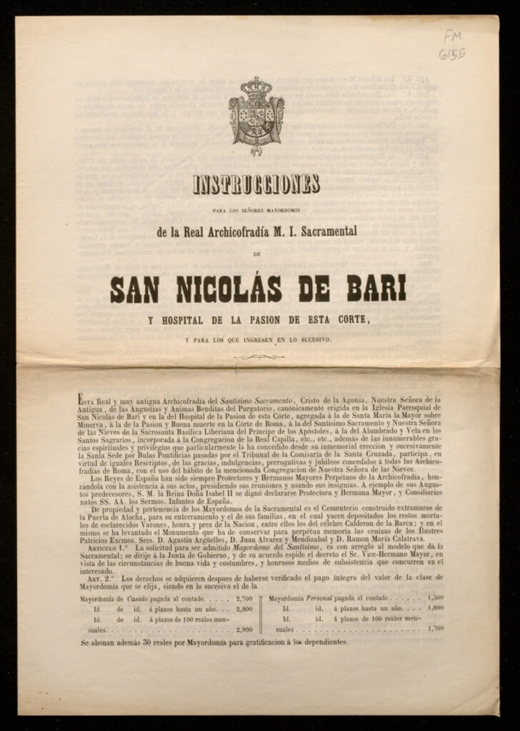 Miniatura de Instrucciones para los señores Mayordomos de la Real Archicofradía M.I. Sacramental de San Nicolás de Bari y Hospital de la Pasión de esta Corte y para los que ingresen en lo sucesivo