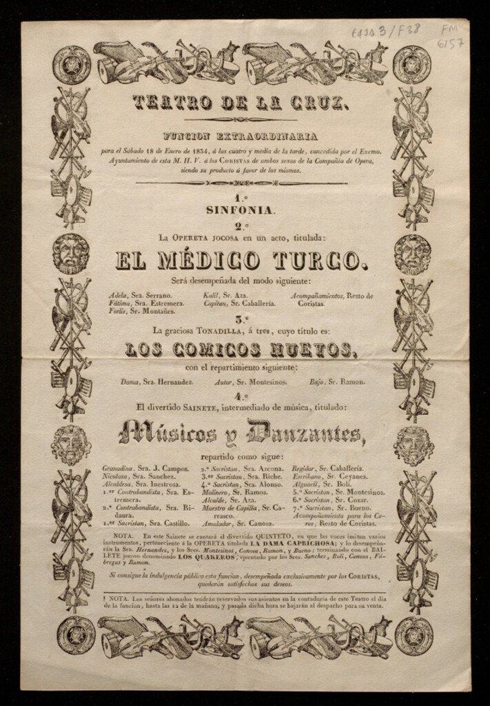 Miniatura de Teatro de la Cruz : función extraordinaria para el sábado 18 de enero de 1834, á las cuatro y media de la tarde,