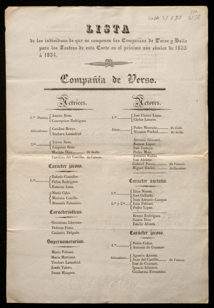 Miniatura de Lista de los individuos que componen las Compañías de Verso y Baile para los Teatros de esta Corte en el próximo año cómico de 1833 á 1834