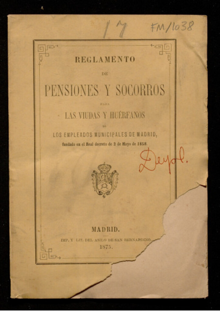 Miniatura de Reglamento de pensiones y socorros para las viudas y huérfanos de los empleados municipales de Madrid, fundado en el Real decreto de 2 de mayo de 1858