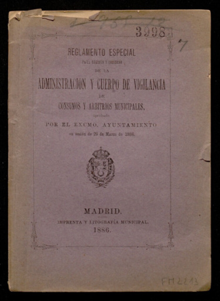 Miniatura de Reglamento especial para régimen y gobierno de la administración y cuerpo de vigilancia de consumos y arbitrios municipales...