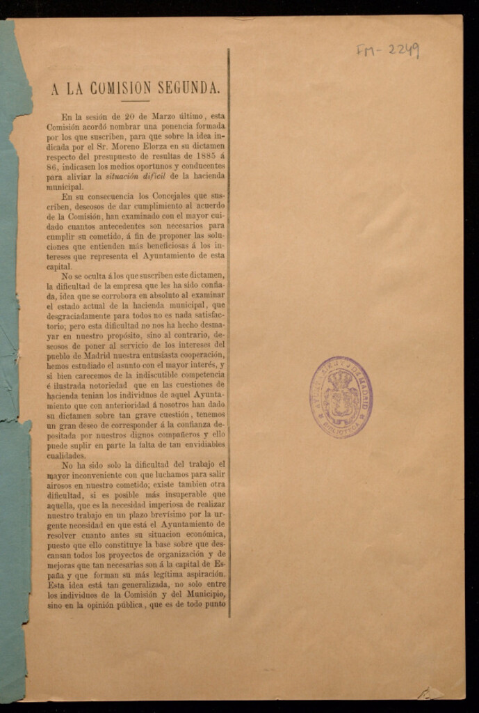 Miniatura de Dictamen propuesto a la Comisión Segunda del Ayuntamiento de Madrid sobre la situación de la Hacienda Municipal. 25 de mayo 1888
