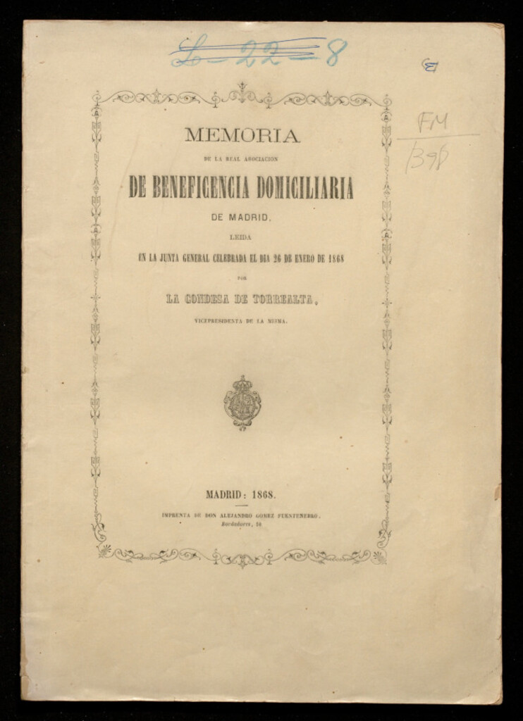 Miniatura de Memoria de la Real Asociación de Beneficencia domiciliaria de Madrid, leida en la Junta General celebrada el día 26 de enero de 1868 por la Condesa de Torrealta, Vicepresidenta de la misma