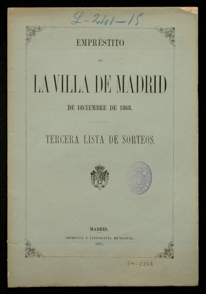 Miniatura de Empréstito de la Villa de Madrid de diciembre de 1868 : tercera lista de sorteos