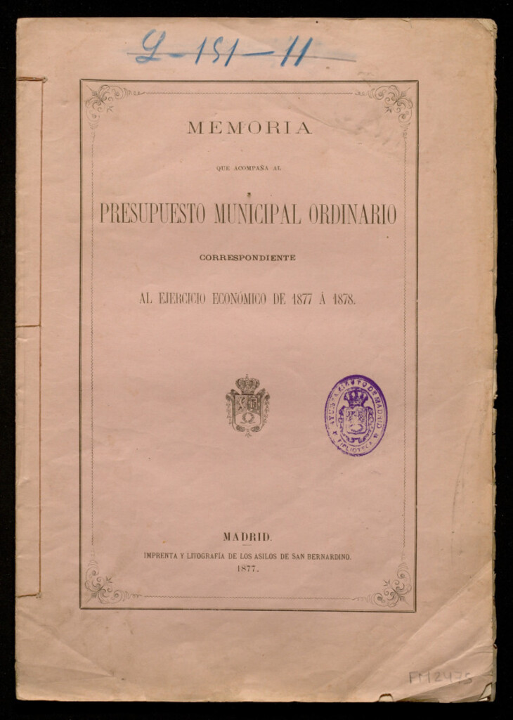 Miniatura de Memoria que acompaña al presupuesto municipal ordinario correspondiente al ejercicio económico de 1877 a 1878