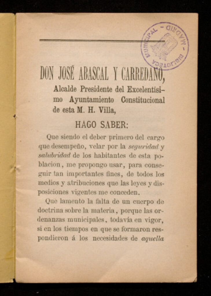 Miniatura de Edicto municipal de D. José Abascal y Carredano, Alcalde Presidente del Ayuntamiento de esta Villa, dando normas relativas a la seguridad y salubridad de la población...