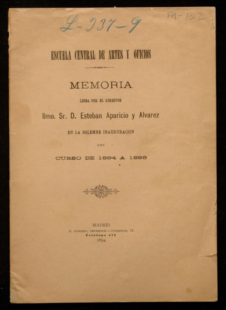 Miniatura de Memoria leida por el director Esteban Aparicio y Alvarez en la solemne inauguración del curso 1894 a 1895