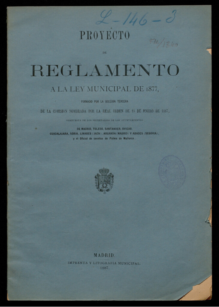 Miniatura de Proyecto de reglamento a la ley municipal de 1877, formado por la sección tercera de la comisión nombrada por la real orden de 18 de enero de 1887...