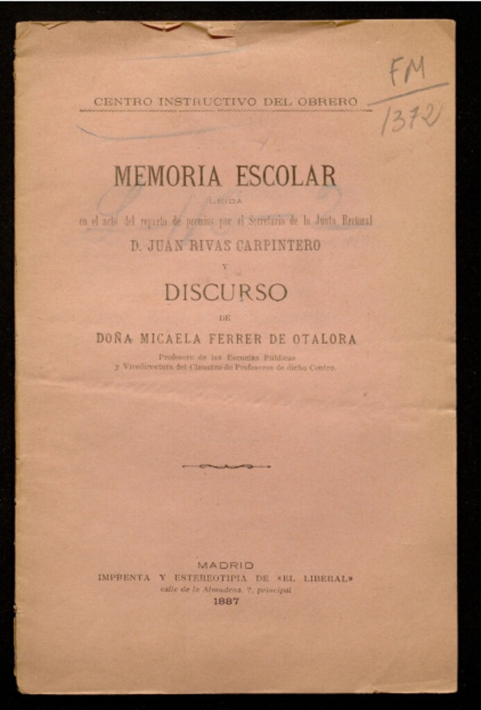 Miniatura de Memoria escolar leída en el acto de premios... y discurso de Micaela Ferrer de Otalora...
